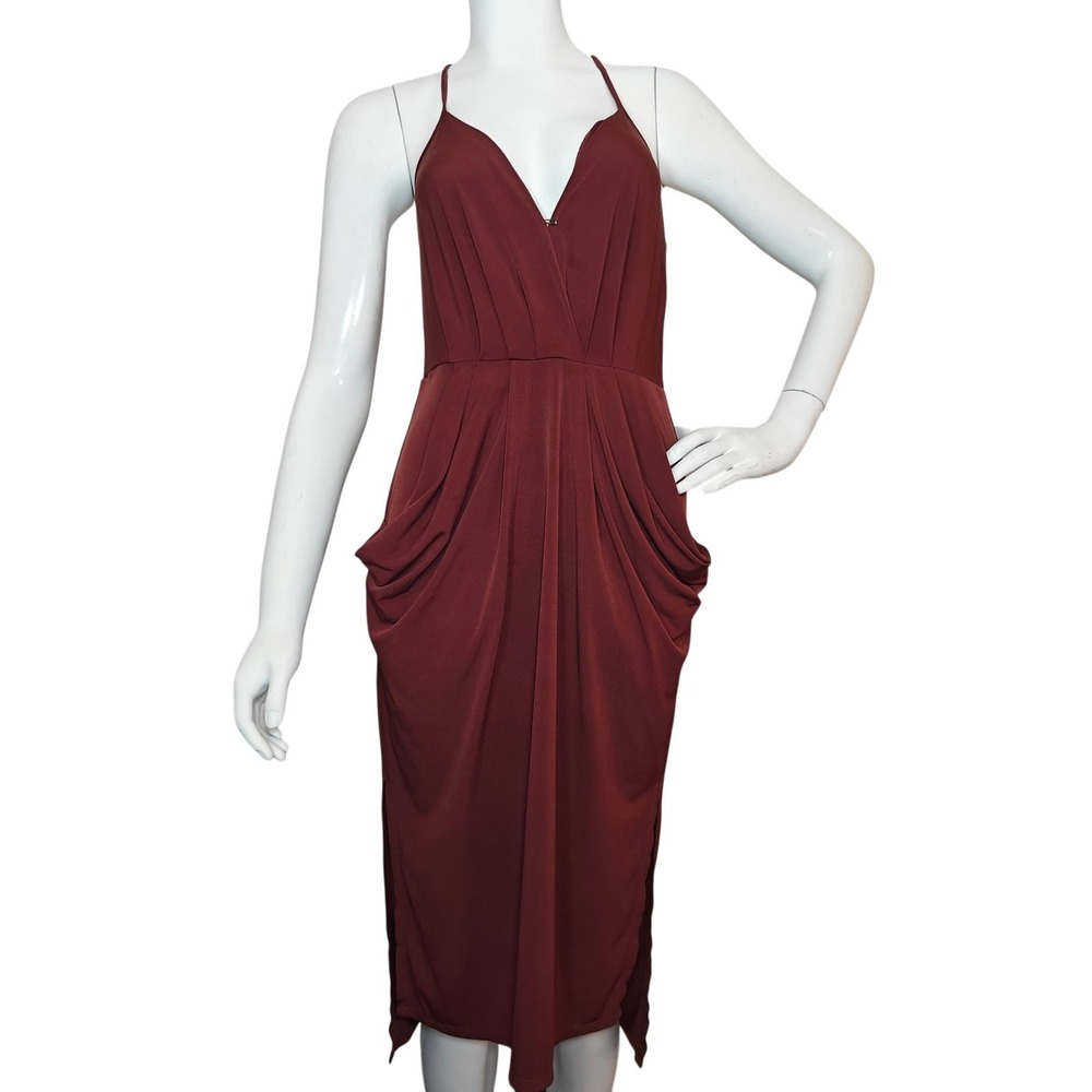 BCBGeneration XS Burgundy Midi Dress Sleeveless Draped Cocktail Party Dress